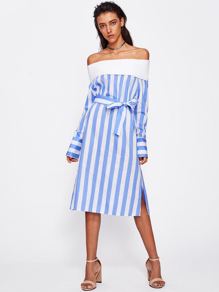 Shein Contrast Stripe Fold Over Off Shoulder Dress