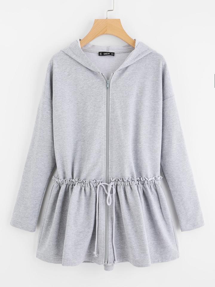 Shein Drop Shoulder Drawstring Ruffle Hem Hoodie Jacket