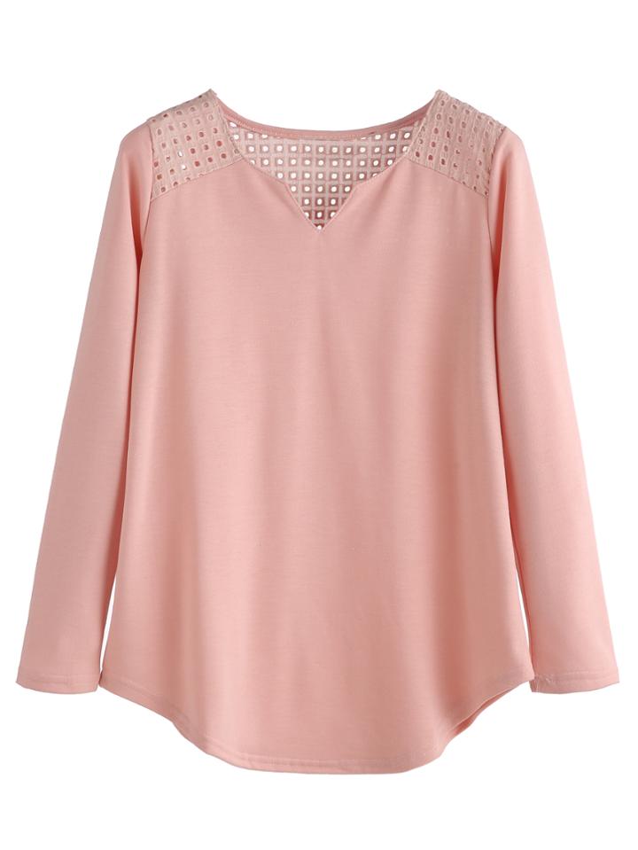 Shein Pink V Neck Crochet Insert Eyelet T-shirt