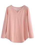 Shein Pink V Neck Crochet Insert Eyelet T-shirt