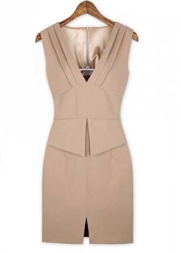 Rosewe Pink Zip Fly Design V Neck Sheath Dress