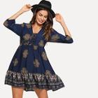 Shein Lace Up Front Ornate Print Smock Dress