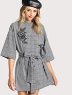 Shein Wide Sleeve Longline Embroidered Plaid Top