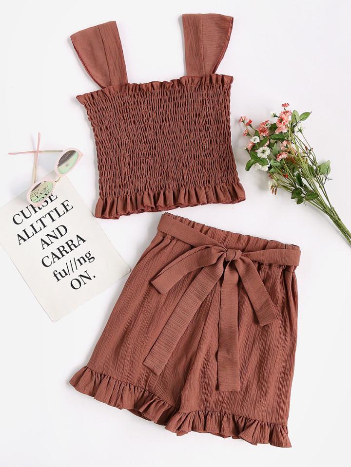 Shein Rust Frill Trim Shirred Tank Top With Shorts