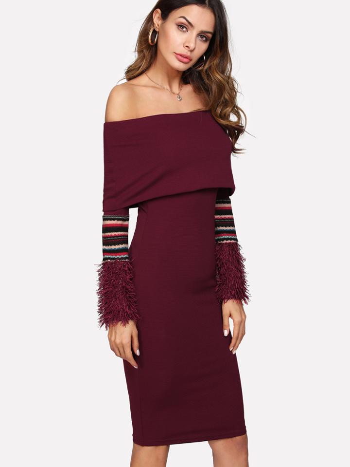 Shein Striped Fringe Cuff Foldover Bardot Dress