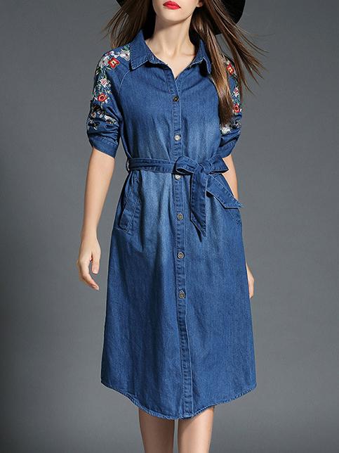 Shein Blue Lapel Embroidered Tie-waist Denim Dress