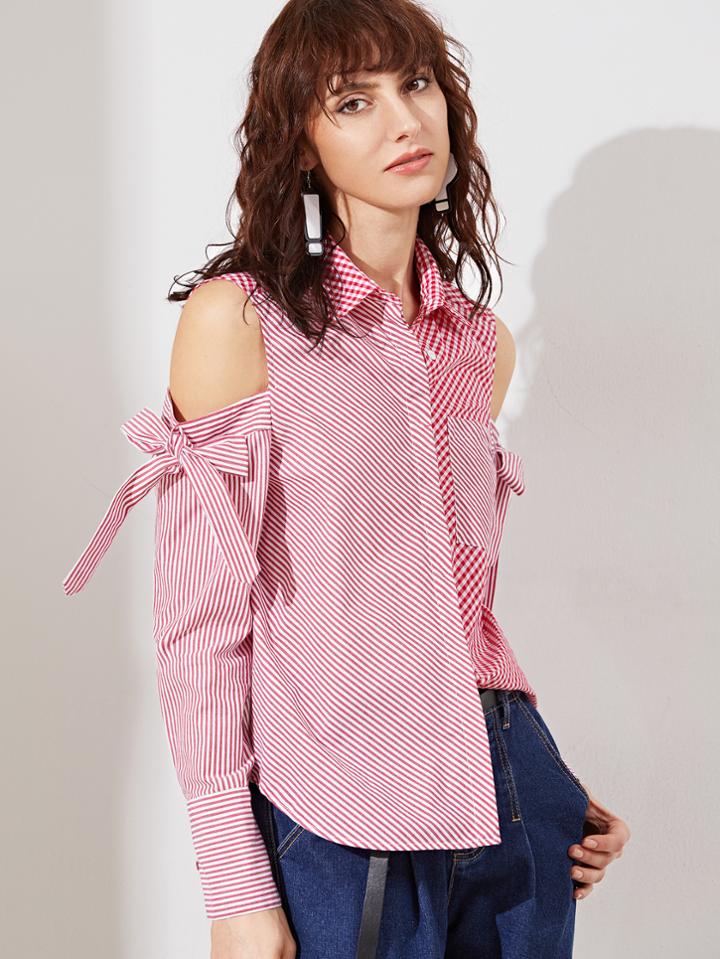 Shein Red Striped And Checkered Mixed Open Shoulder Blouse