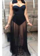 Rosewe Mesh Splicing Strapless Black Maxi Dress