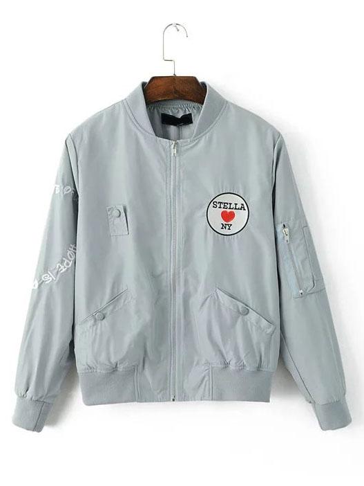 Shein Light Blue Embroidered Patch Bomber Jacket