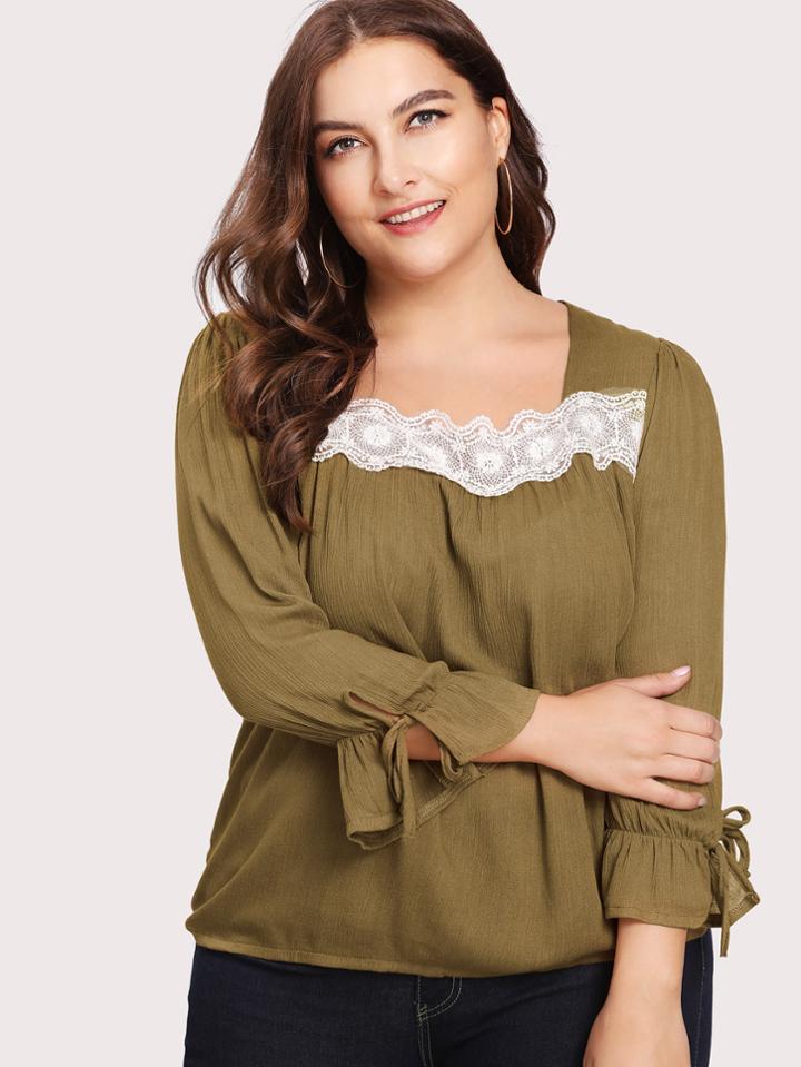Shein Contrast Lace Puff Sleeve Blouse