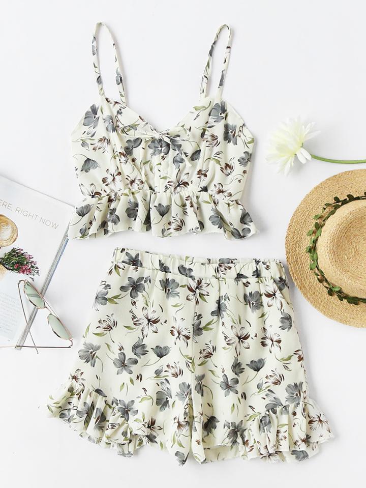 Shein Ditsy Print Random Tie Neck Frill Cami Top With Shorts