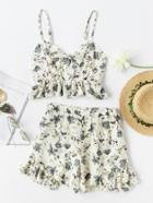 Shein Ditsy Print Random Tie Neck Frill Cami Top With Shorts