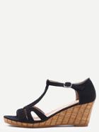 Shein Black Faux Suede Braided T-strap Wedge Sandals