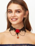 Shein Black Bib Lace Red Flower Gemstone Choker Necklace