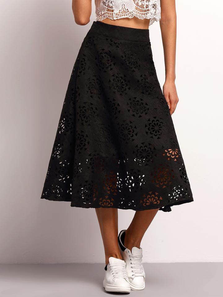Shein Black High Waist Hollow Flare Skirt