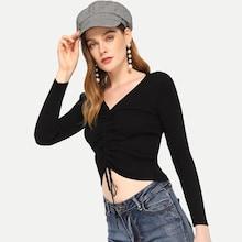 Shein Drawstring Front Ribbed Knit Sweater