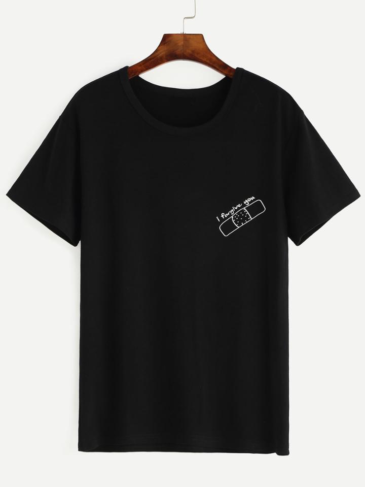 Shein Black Printed Round Neck T-shirt