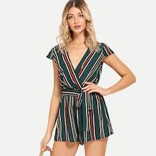 Shein Cap Sleeve Striped Wrap Romper