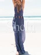 Shein Blue Pleated Cut Out Criss Cross Backless Maxi Dress