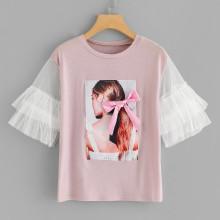Shein Tiered Mesh Sleeve Figure Patch Tee