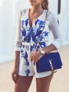 Shein White Deep V-neck Print Chiffon Jumpsuit