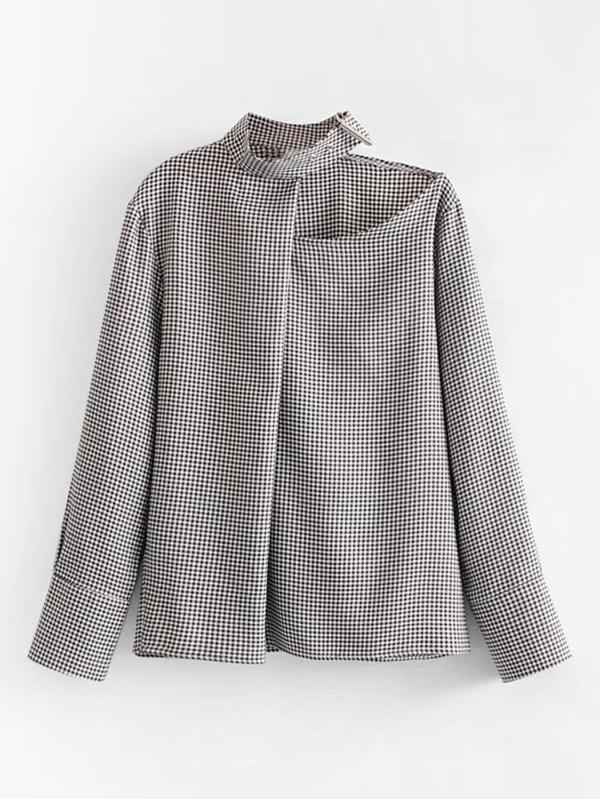 Shein Asymmetrical Shoulder Houndstooth Blouse