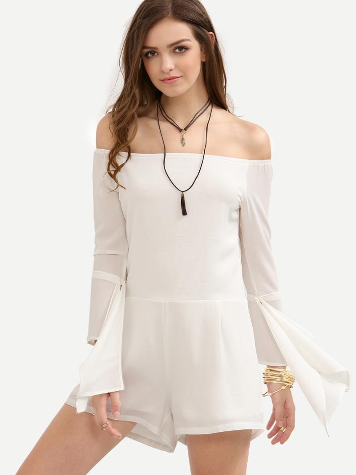 Shein White Off The Shoulder Split Cuff Jumpsuit