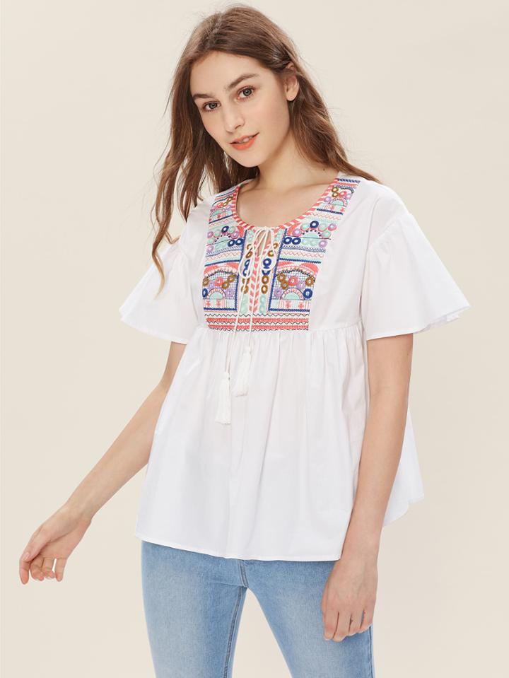 Shein Tassel Tie Embroidered Yoke Flutter Sleeve Smock Top