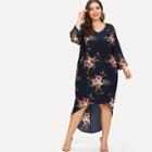 Shein Plus Floral Print Ladder Cutout Back High Low Dress