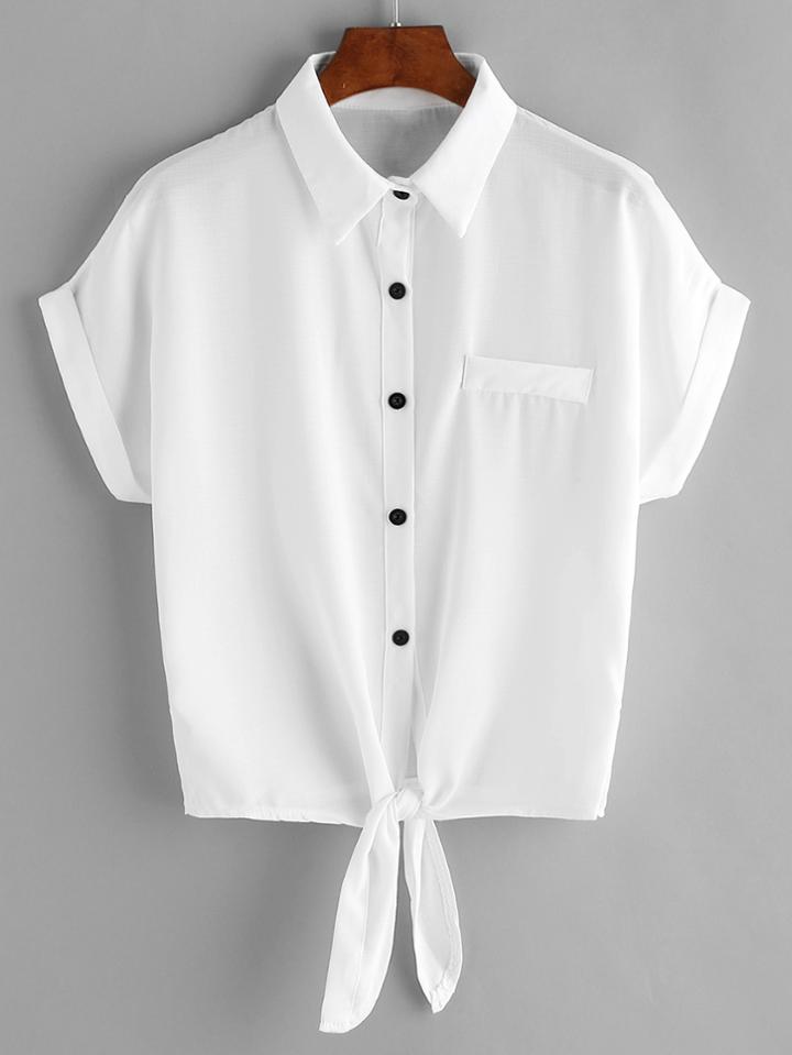 Shein Tie Front Cuffed Chiffon Blouse With Chest Pocket