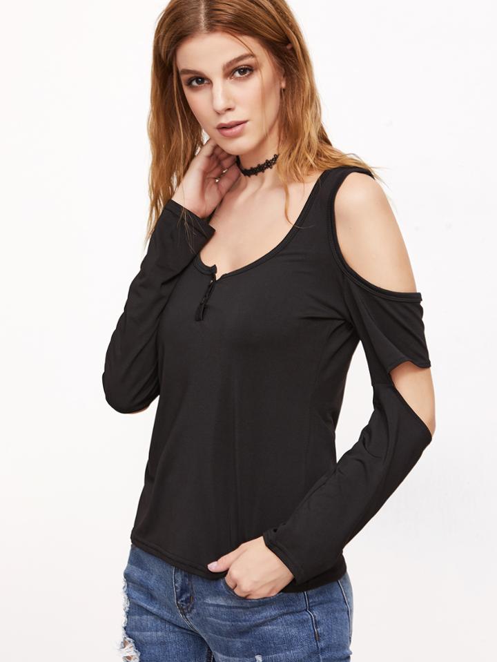 Shein Black Cut Out Shoulder T-shirt