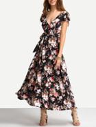 Shein Flower Print Self-tie Lace-up Long Dress