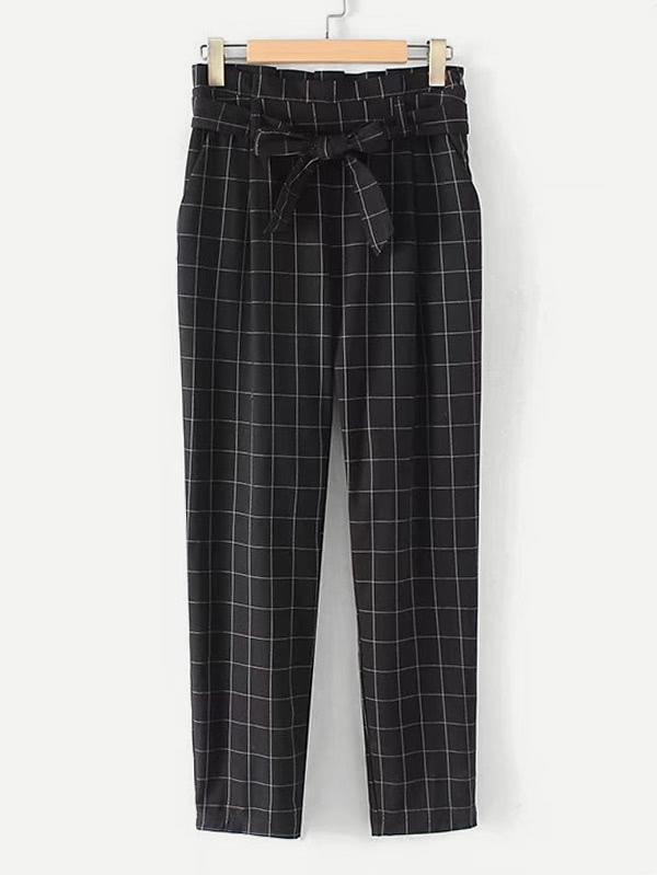 Shein Grid Print Frill Waist Pants With Belt
