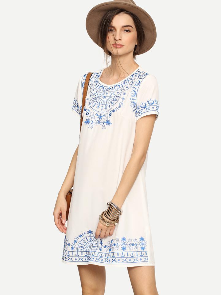 Shein White Short Sleeve Embroidered Shift Dress