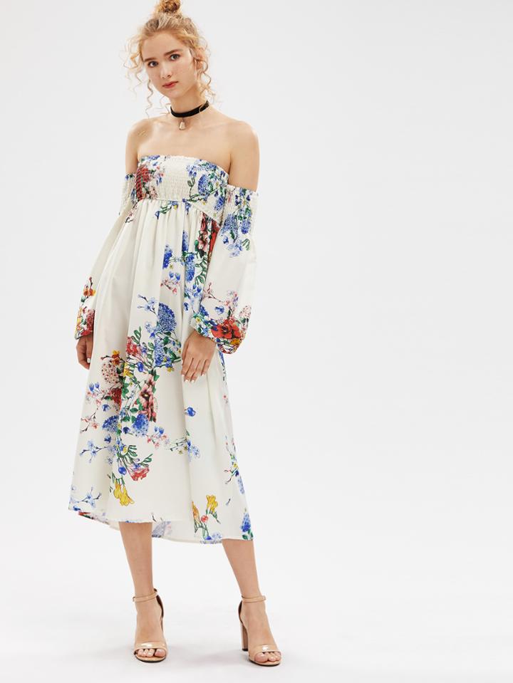 Shein Shirred Off The Shoulder Floral Dress