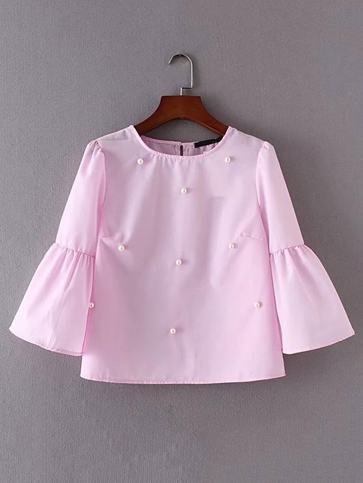 Shein Bell Sleeve Pearls Embellished Top
