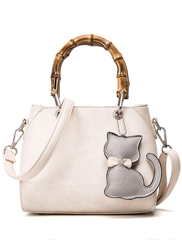 Shein Bamboo Handle Tote Bag With Cat Bag Charm - Beige