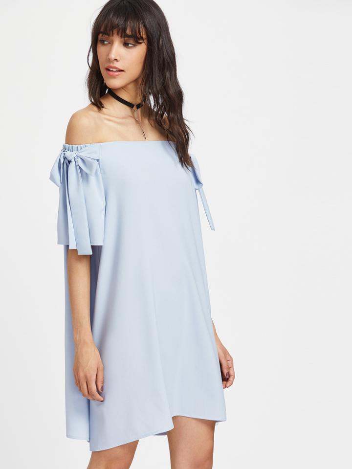 Shein Bow Tie Bell Sleeve Flowy Bardot Dress