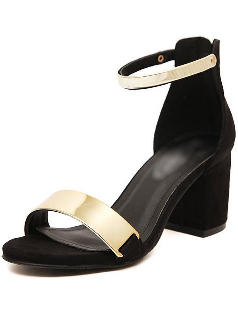 Shein Black Metal Pannnel Peep Toe Ankle Strap Chunky Sandals