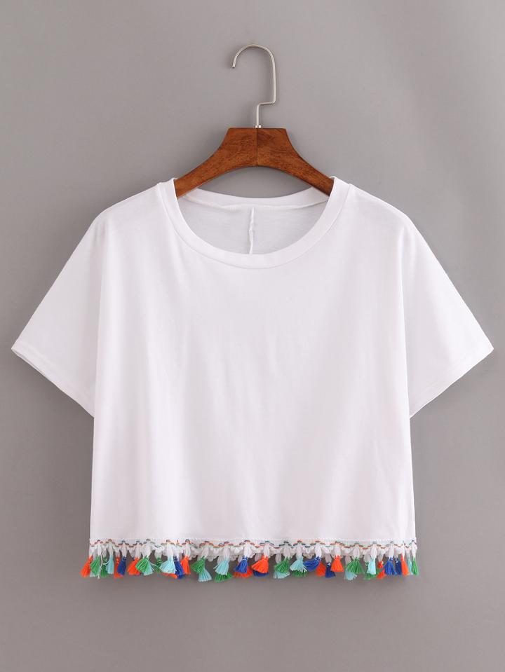 Shein White Contrast Fringe T-shirt
