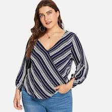 Shein Plus Surplice Neck Dip Hem Stripe Blouse