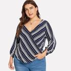 Shein Plus Surplice Neck Dip Hem Stripe Blouse