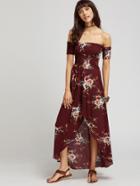 Shein Burgundy Florals Off The Shoulder Shirred Wrap Dress