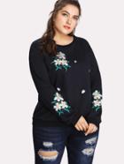 Shein Rib Trim Embroidery Sweatshirt
