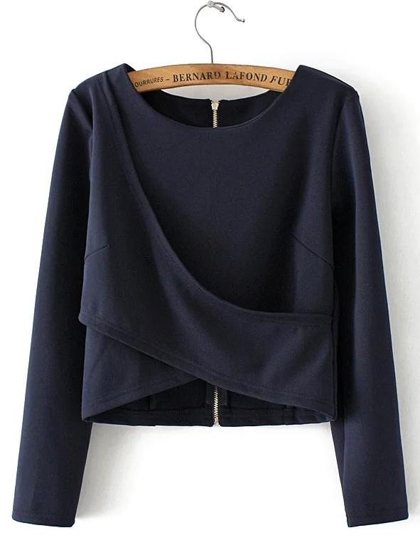 Shein Navy Round Neck Cross Front Crop T-shirt