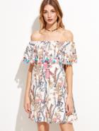 Shein White Blossom Print Tassel Trim Off The Shoulder Dress