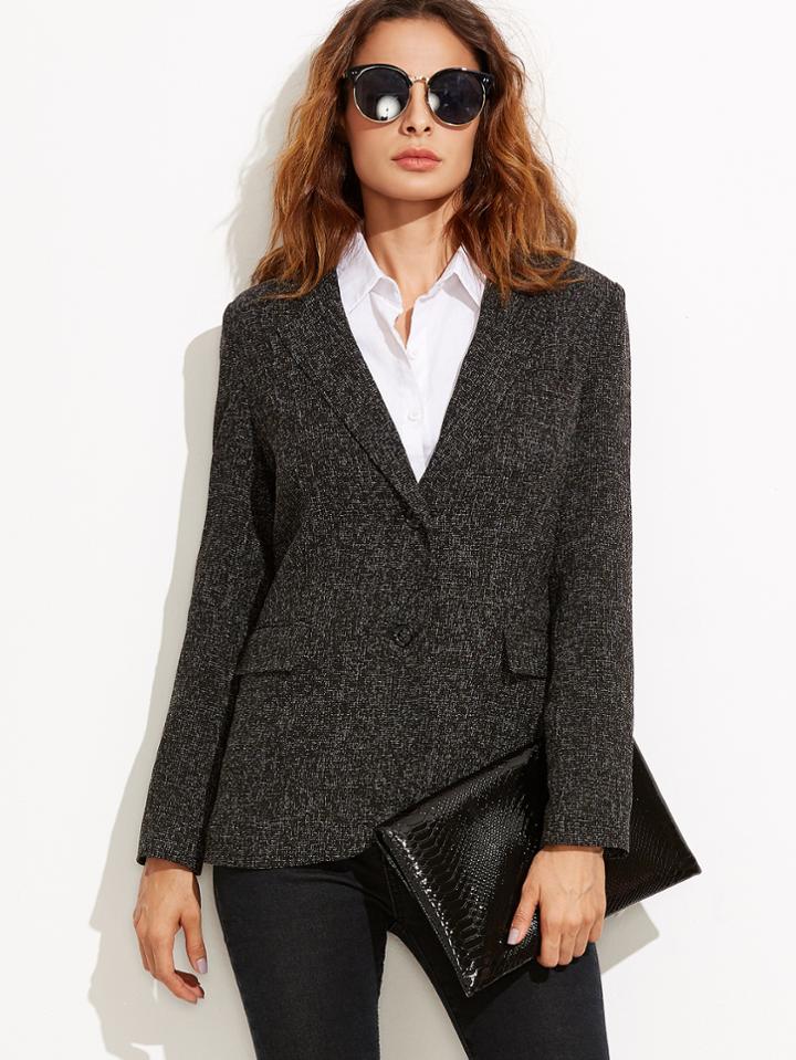 Shein Black Tweed Slim Fit Blazer With Flap Pocket