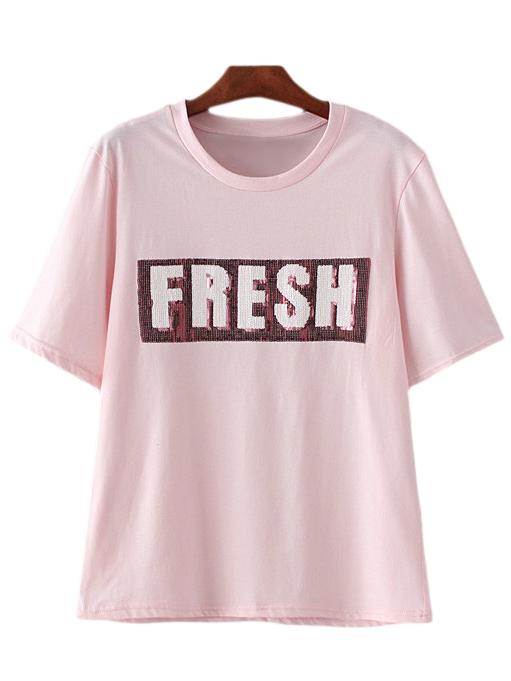 Shein Pink Short Sleeve Letters Sequined T-shirt