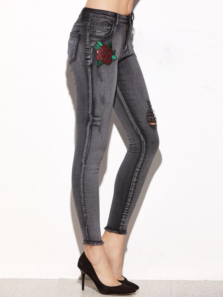 Shein Grey Sequin Rose Embellished Ripped Skinny Jeans