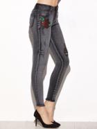 Shein Grey Sequin Rose Embellished Ripped Skinny Jeans